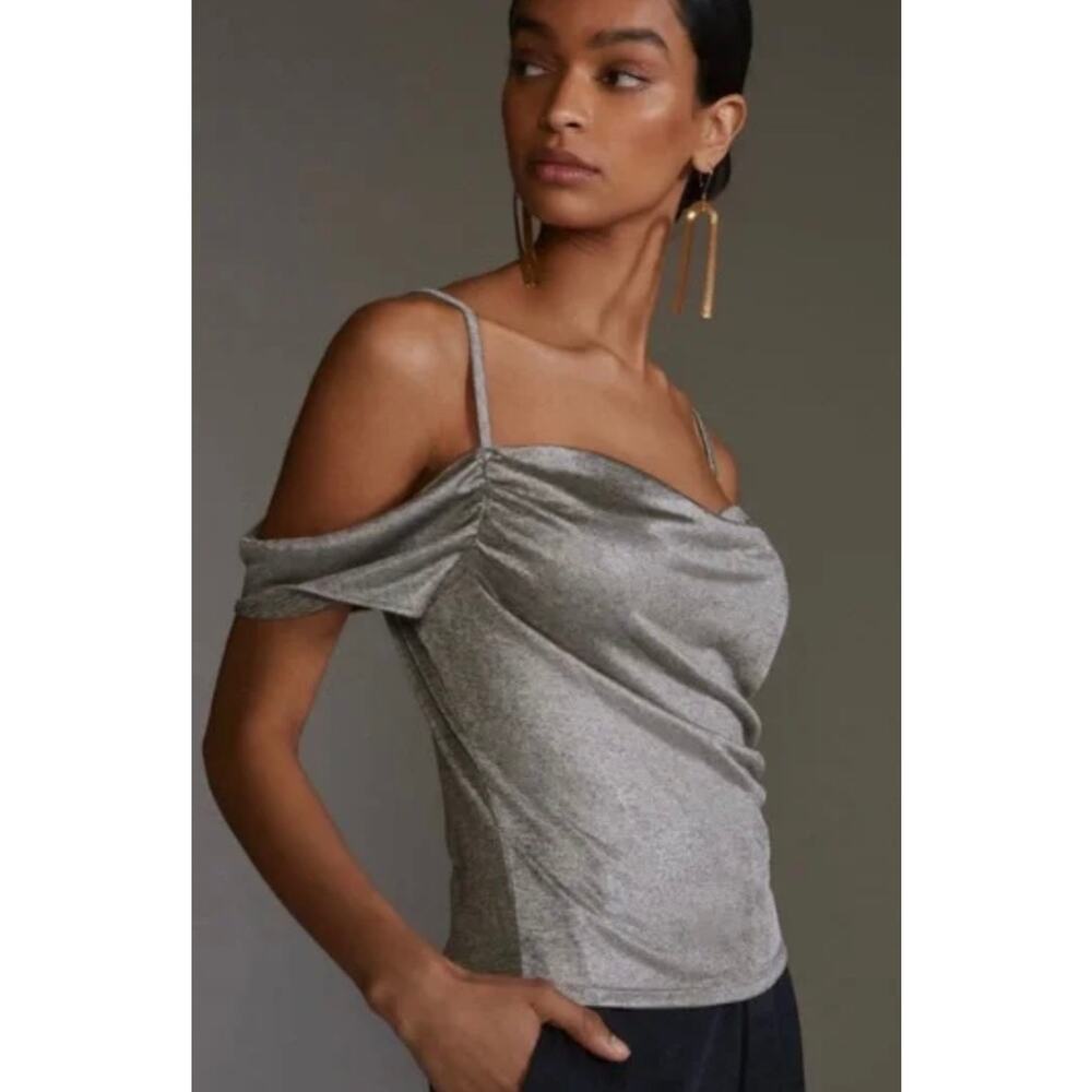 Anthropologie Off-the-Shoulder Silver Top Cropped Short Sleeve Sz XS